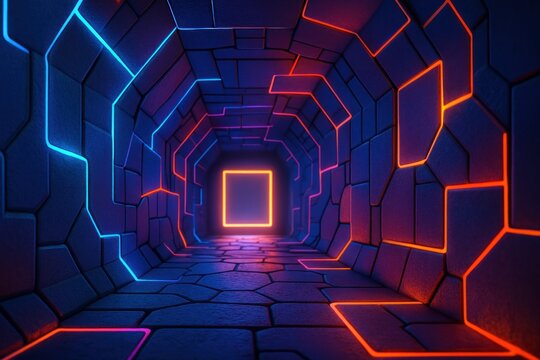 Futuristic dark tunnel with glowing geometric neon lights in blue, orange, and pink hues