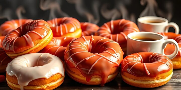 Glazed donuts arranged with steaming coffee cups,  cafe,  sprinkles