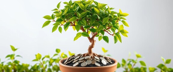 Growing money tree in pot, lush green leaves, coins spilling from roots,  success,  saving