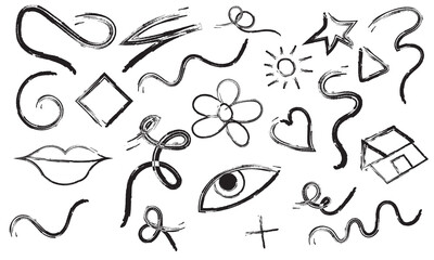 Graffiti bold brush hand drawn shape . Vibrant hand-drawn doodles featuring hearts, swirls, stars, and abstract shapes, ideal for backgrounds, creative projects, design elements, and playful .
