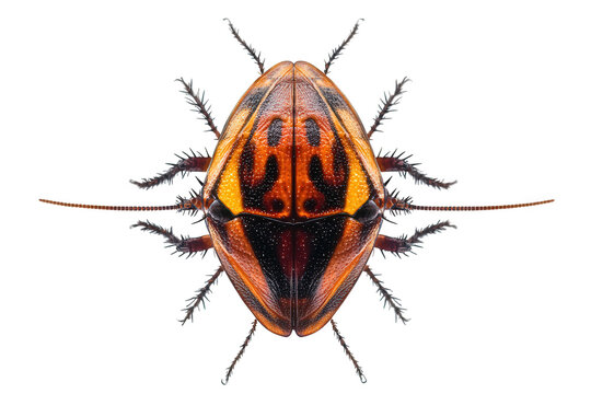 Overhead view of a calidea dregersi isolated on transparent background, showcasing its vibrant orange and black pattern, and intricate leg and antennae details