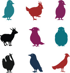 Bird and animal silhouette vector collection, featuring various colorful bird species and a goat, ideal for wildlife, nature, and pet-related graphic design projects.