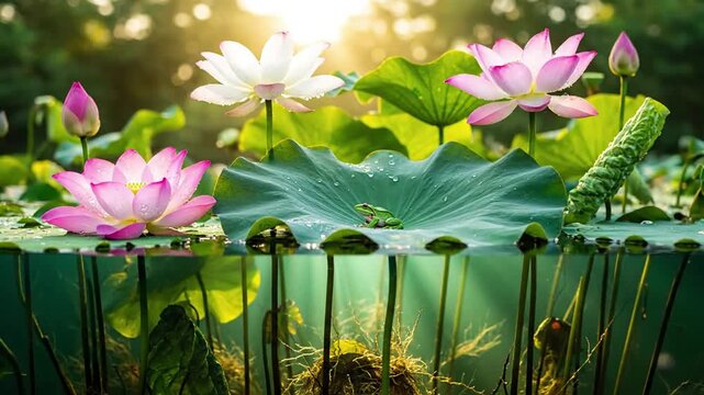 Abstract patterns formed by overlapping lotus leaves and water ripples, viewed from above, creating a dynamic mosaic of greens, blues, and subtle reflections.