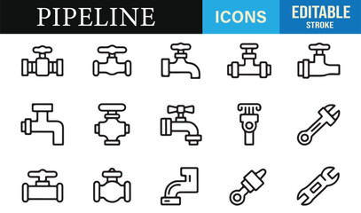 Editable stroke icons of valves, faucets, wrenches, and pipe fittings for plumbing graphics