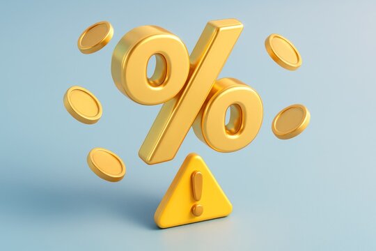 Golden 3D percentage symbol, floating coins, and a yellow warning triangle - Powered by Adobe