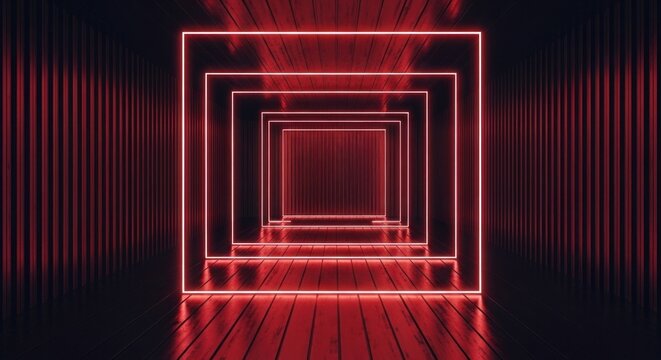 Glowing red neon squares recede through a dark, textured, futuristic geometric tunnel