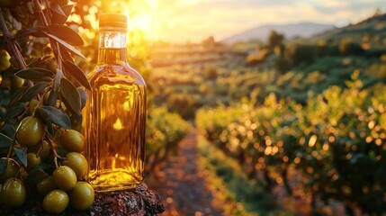 Golden olive oil bottle amidst a sunlit grove, green olives on branch, warm glow