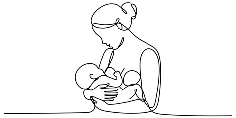 Mother breastfeeding infant in minimalist one line art drawing style, expressing maternal bond and love, health, nourishment, care.