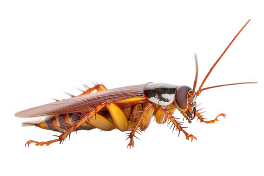 A cockroach isolated on transparent background, showcasing its brown exoskeleton, long antennae, and spiky legs, a common household pest known for its resilience