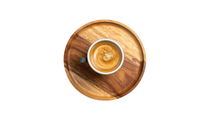 Coffee in cup on a round wood tray, black background