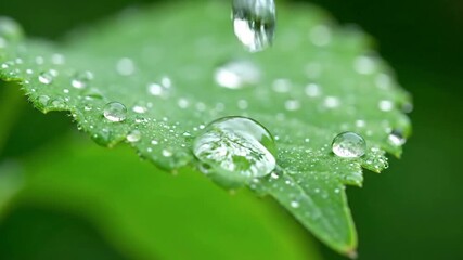 Dynamic motion of water droplets falling and splashing gently upon a broad tropical leaf, creating mesmerizing ripples and miniature cascades. Capturing the kinetic energy and gentle impact of? - Powered by Adobe