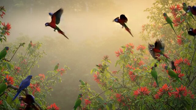 A lively scene of colorful hummingbirds fluttering amidst lush flowers and vibrant greenery, capturing the beauty of nature and wildlife in a tropical garden setting.