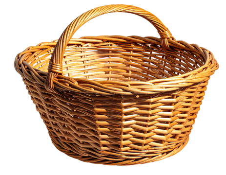 Woven basket with handle, empty, in sunlight