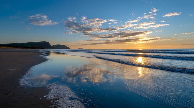 Serene sunset reflection on tranquil beach a coastal landscape photography experience