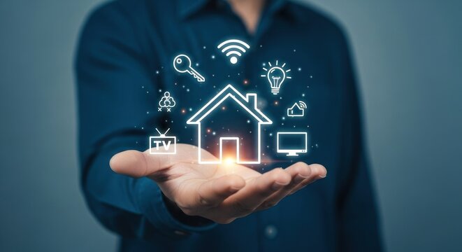 Hand holding glowing smart home icons house, Wi-Fi, key, light, TV, cloud