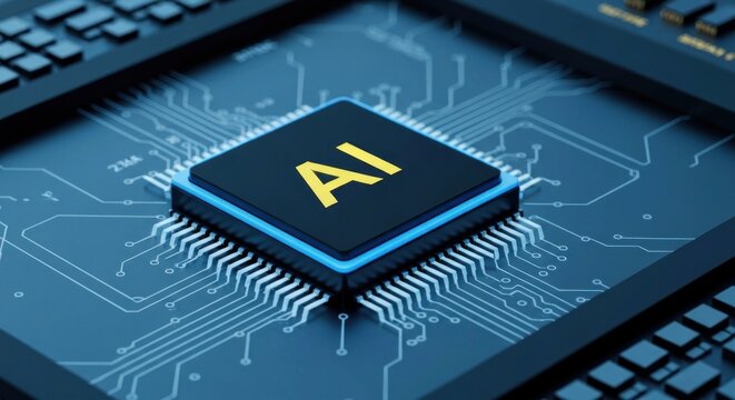 High-tech computer chip with 'AI' symbol at its center on a complex dark motherboard - Powered by Adobe