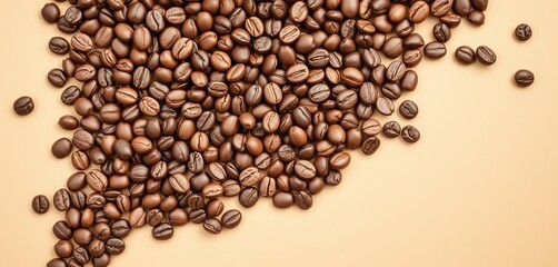 Naklejka premium Roasted coffee beans cascade against a beige backdrop, coffee shop, backdrop
