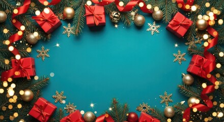 Holiday frame fir, red gifts, golden baubles, snowflakes, warm lights on teal background