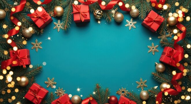 Holiday frame fir, red gifts, golden baubles, snowflakes, warm lights on teal background