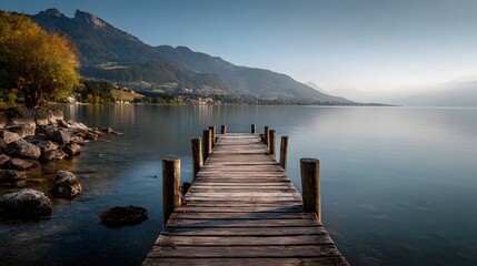 Tranquil wooden pier on calm mountain lake with scenic alpine landscape and clear water under soft morning light, peaceful nature travel background