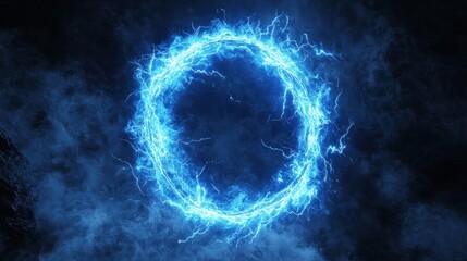 Intense blue glowing energy ring crackles with electricity, surrounded by dark smoke