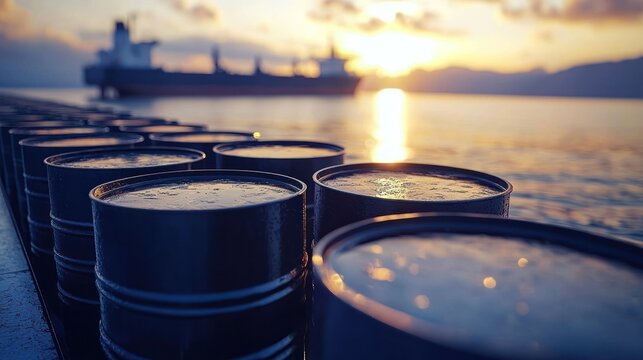 Industrial barrels overlook a tanker ship on water at sunset, mountains in background