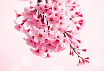 Soft pink cherry blossoms falling on a pastel pink background, sweet, aesthetic