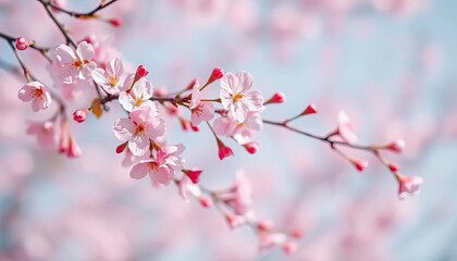 Obraz premium Soft pink cherry blossoms falling on pastel background, peach, beauty