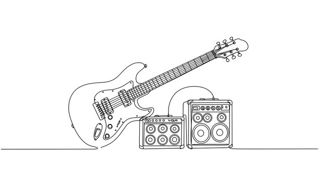 Black and white line drawing of an electric guitar and two amplifier speaker units