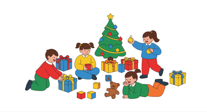2D vector illustration on pure white children playing with new toys under a small Christmas tree. Stylized joyful poses, gift boxes scattered, simple toys (blocks, teddy bear), no facial details,  