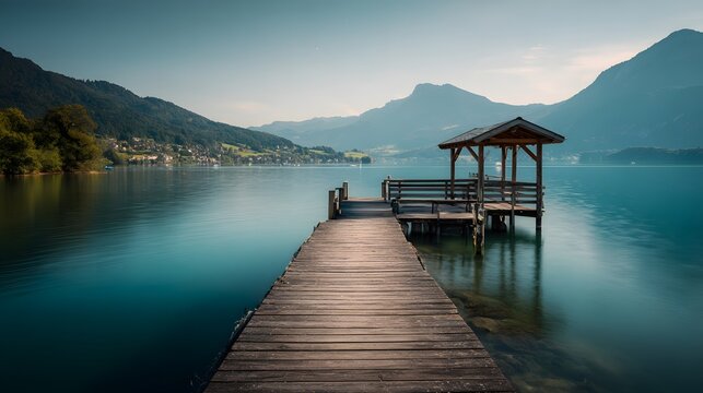 Tranquil wooden pier on calm mountain lake with scenic alpine landscape and clear water under soft morning light, peaceful nature travel background