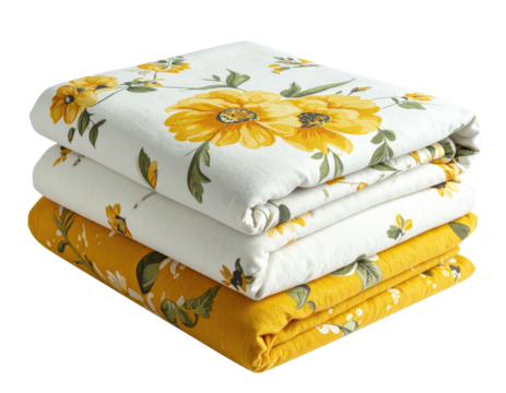 Folded floral quilts, stack of three, sunny colors