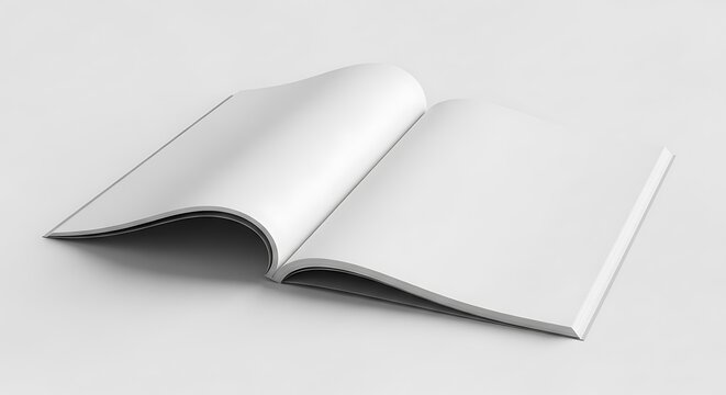 Open blank book or magazine mockup with curved pages, perfect for showcasing content, designs, or editorial layouts