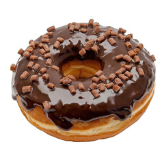 Chocolate-glazed donut adorned with small, crunchy chocolate pieces, showcasing a rich, glossy glaze and a light-colored, fluffy interior