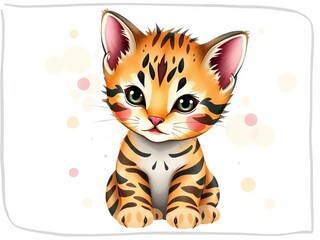 Sweet watercolor Bengal kitten, playful dots and stripes, soft colors, charming pet illustration for cards,  playful,  white
