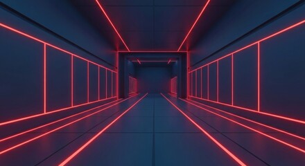 Long symmetrical dark corridor lit by vibrant red neon lines, creating a futuristic path