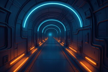 Long sci-fi corridor with blue neon arches above and orange strips below, leading to light