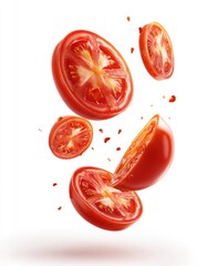 Dynamic image of several red tomato slices and fragments suspended mid-air against a stark white background, showcasing their juicy texture and vibrant color