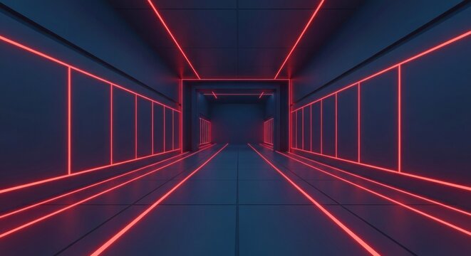 Long symmetrical dark corridor lit by vibrant red neon lines, creating a futuristic path