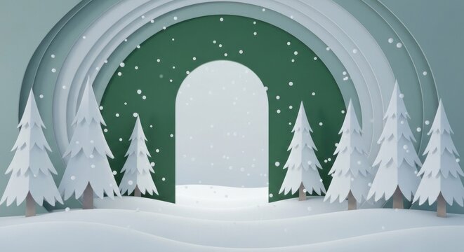 Layered paper-cut winter scene stylized snow-covered trees and central arch, falling snow