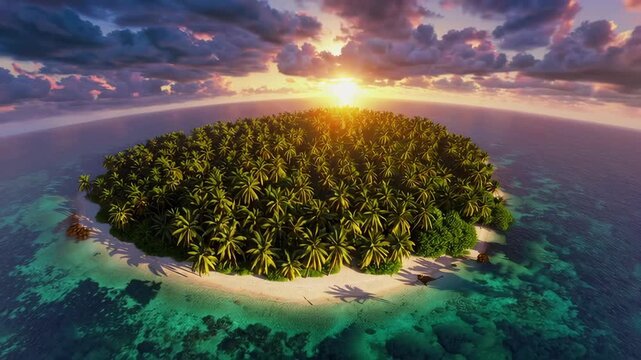 Tropical island sunset: aerial panorama of lush paradise surrounded by ocean waves