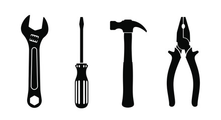 A collection of common hand tools depicted in a black and white style