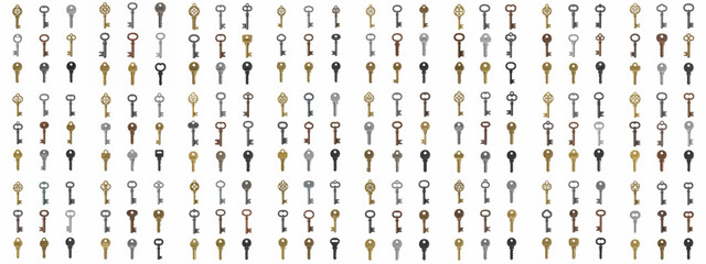 Seamless pattern of diverse vintage and modern keys in various colors, organized in a large grid, symbolizing security, access, and opportunity.
