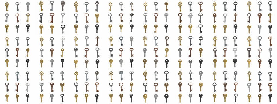 Seamless pattern of diverse vintage and modern keys in various colors, organized in a large grid, symbolizing security, access, and opportunity.