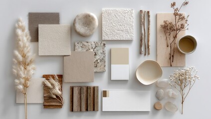 Flatlay showcasing a curated collection of neutral-toned materials and dried florals, arranged on a white background; includes wood samples, stone textures, and small bowls