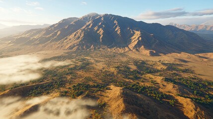 Majestic mountain dominates arid valley with scattered trees and low morning mist