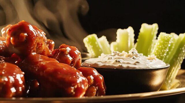 Steaming Hot Buffalo Chicken Wings with Celery and Dip.