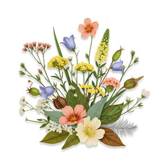 Obraz premium A delicate watercolor illustration of a beautiful bouquet of various colorful wildflowers, leaves, and seed pods on a white background.