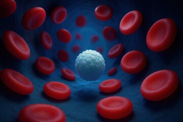 Microscopic view numerous red blood cells surround a single white cell in a vessel