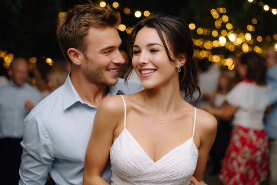 Happy couple dancing enjoying night party event
